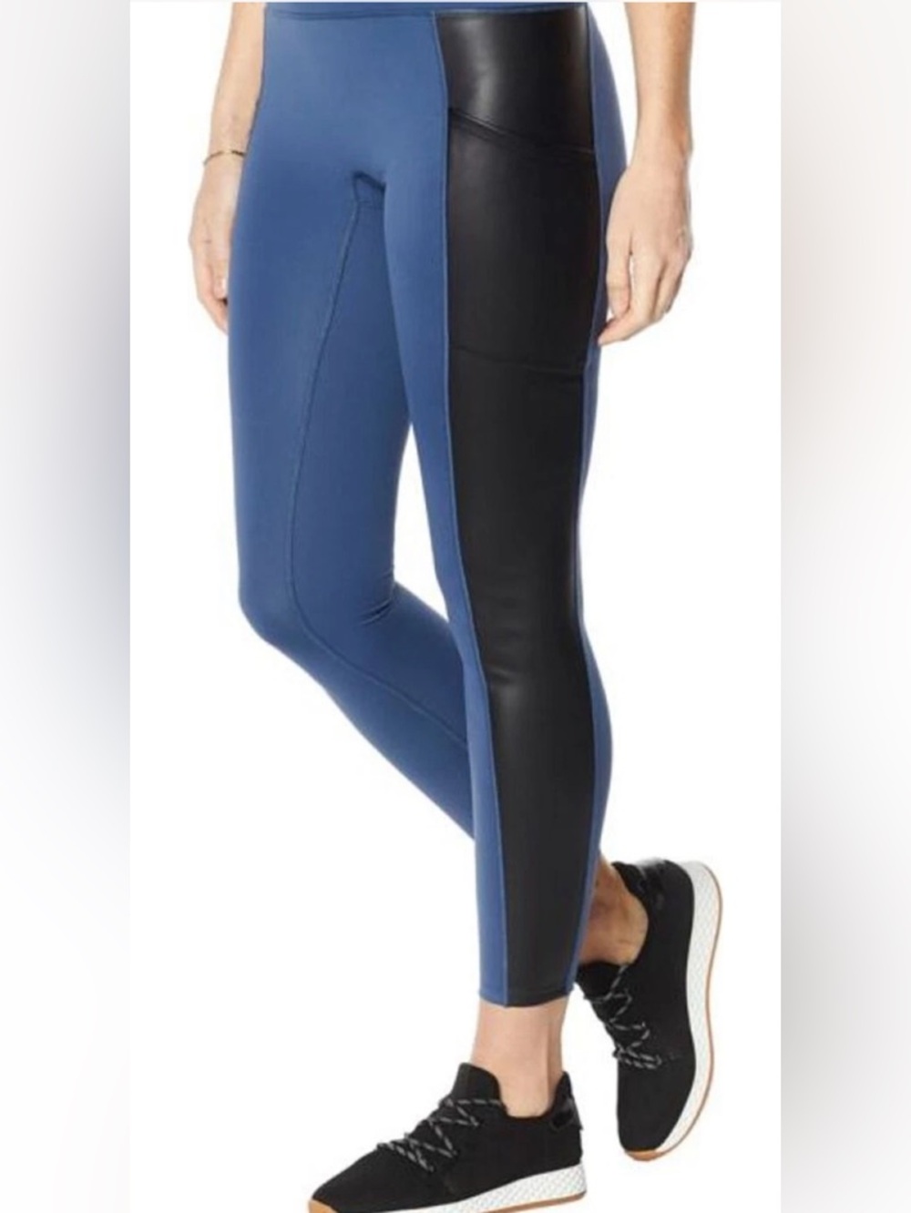 NWT Laila Ali Leggings Large Denim Blue w/ Black Faux Leather Sculpted High-Rise
